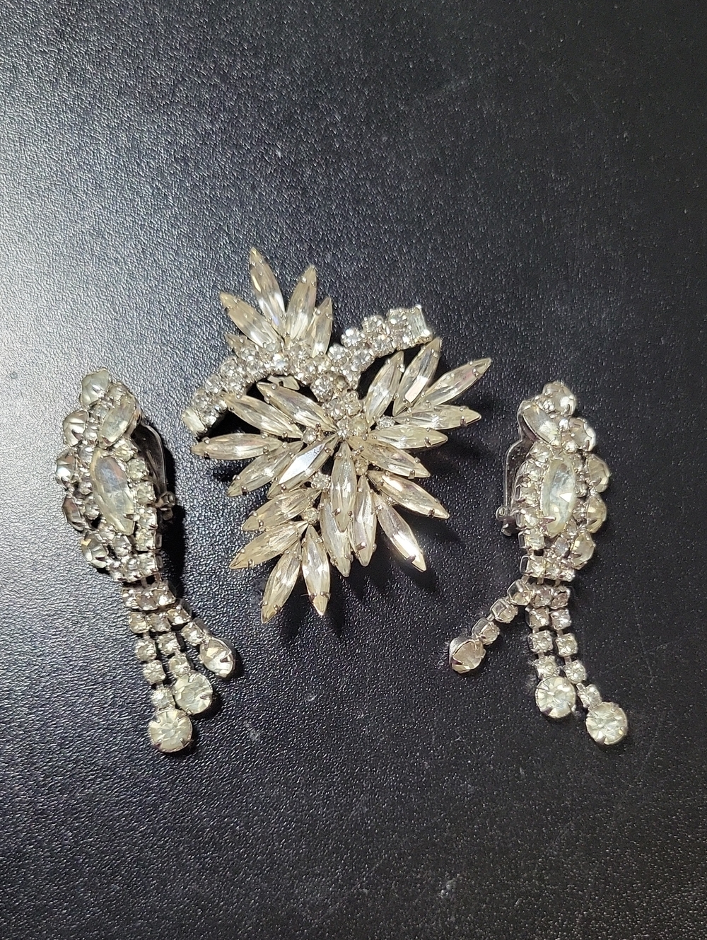 Crystal Silver-Tone Floral Brooch and Drop Earrings Set